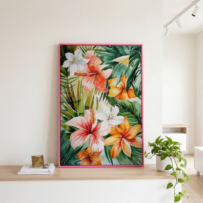 Tropical Hibiscus Floral Canvas Wall Art, Dense Botanical Blooms in pink floating frame
