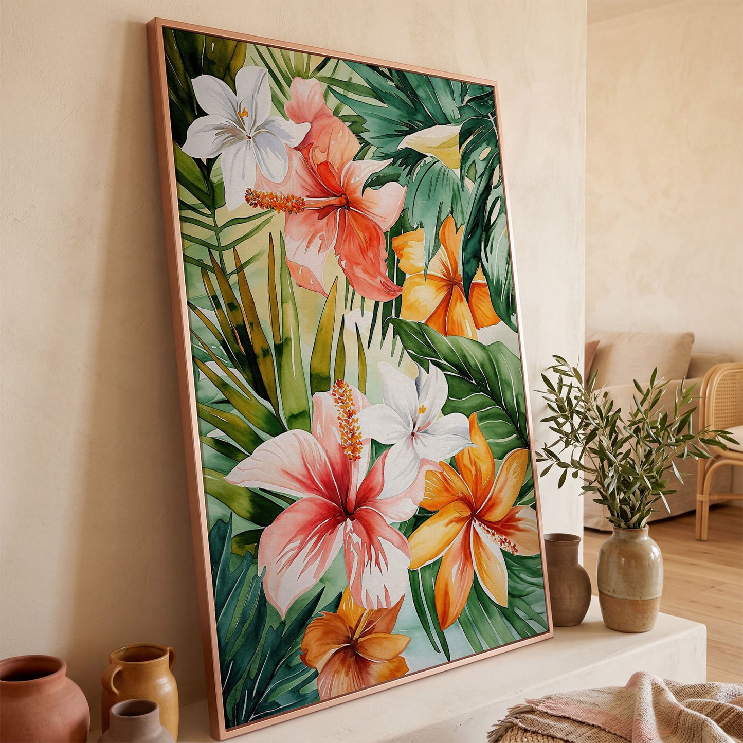 Tropical Hibiscus Floral Canvas Wall Art, Dense Botanical Blooms in rose gold floating frame