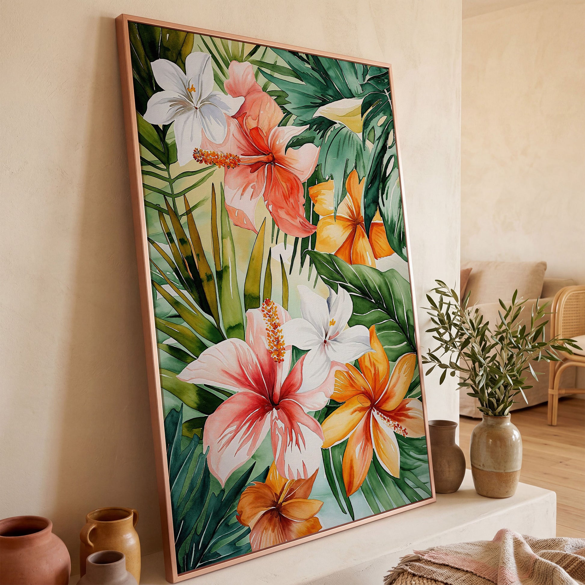 Tropical Hibiscus Floral Canvas Wall Art, Dense Botanical Blooms in rose gold floating frame