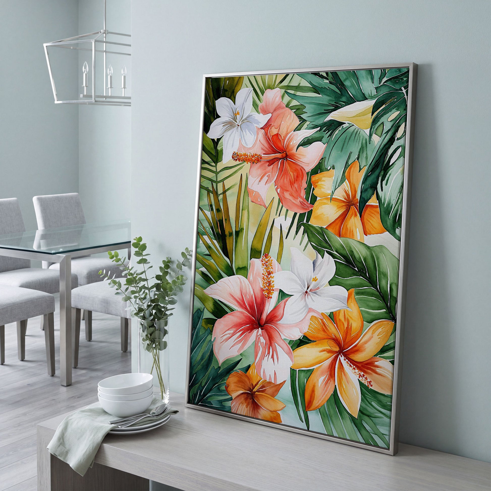 Tropical Hibiscus Floral Canvas Wall Art, Dense Botanical Blooms in silver floating frame