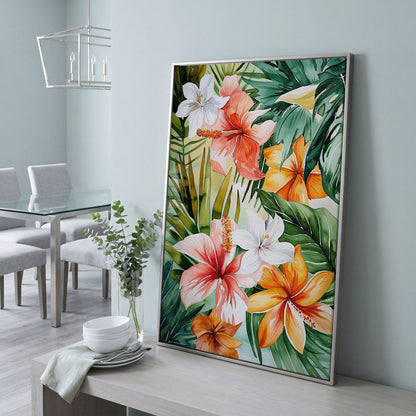 Tropical Hibiscus Floral Canvas Wall Art, Dense Botanical Blooms in silver floating frame