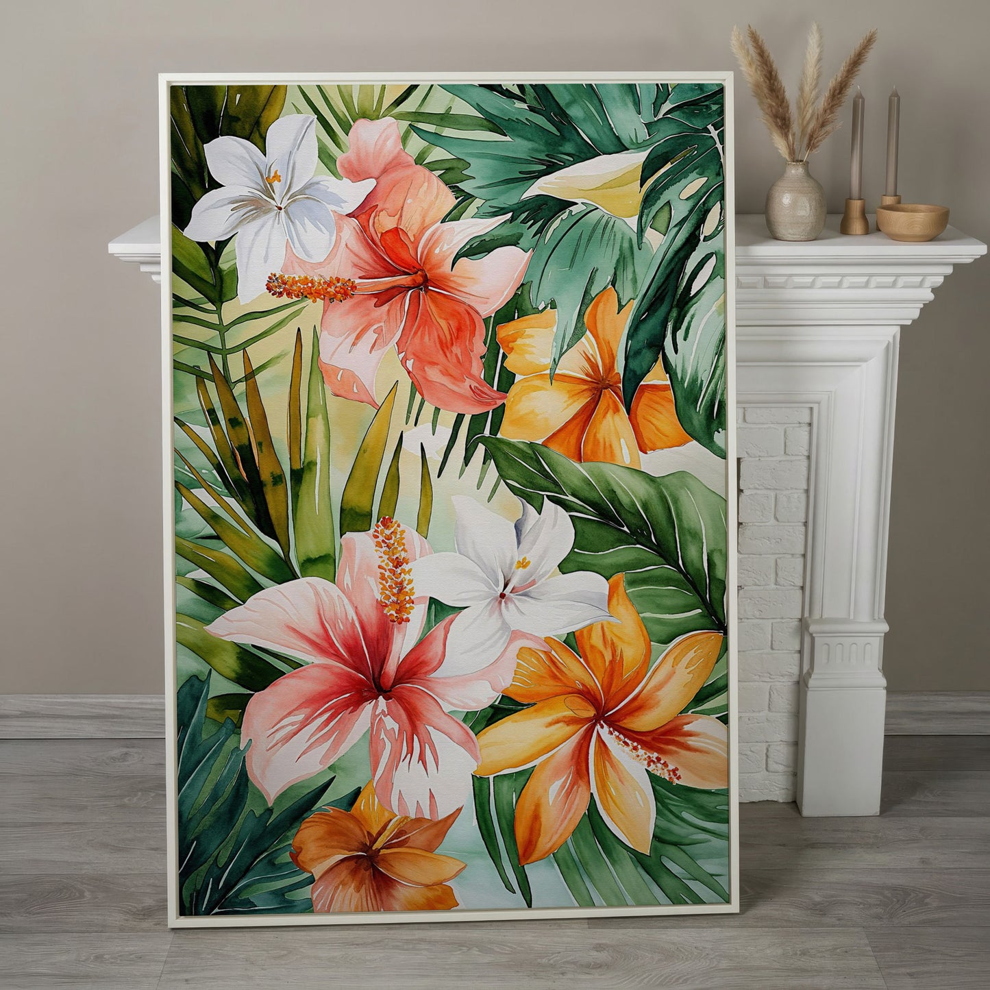 Tropical Hibiscus Floral Canvas Wall Art, Dense Botanical Blooms in white floating frame