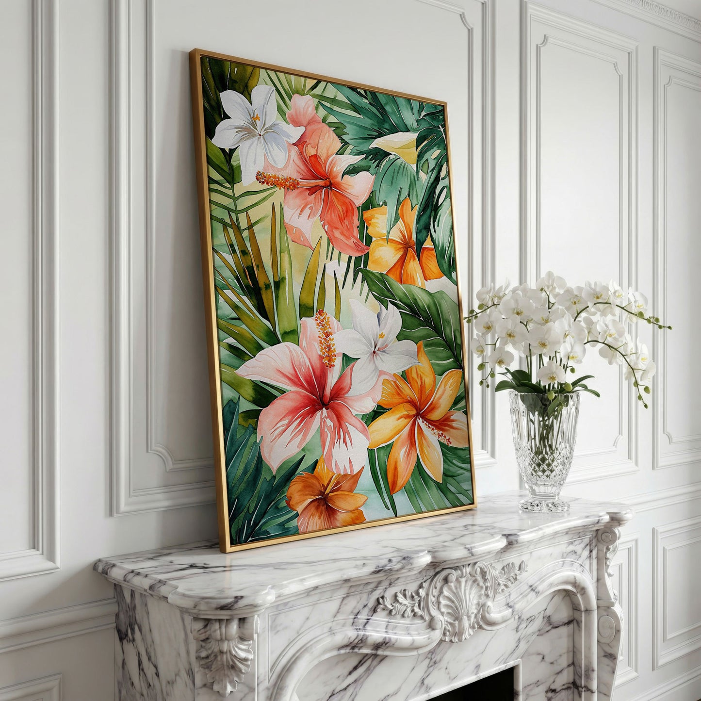 Tropical Hibiscus Floral Canvas Wall Art, Dense Botanical Blooms in yellow gold floating frame