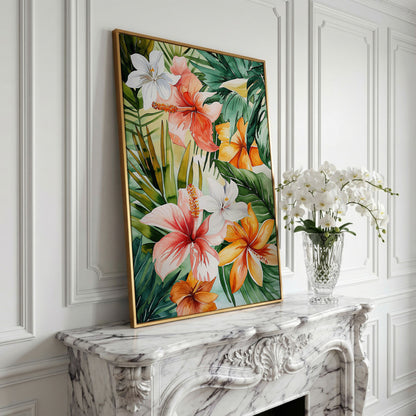 Tropical Hibiscus Floral Canvas Wall Art, Dense Botanical Blooms in yellow gold floating frame