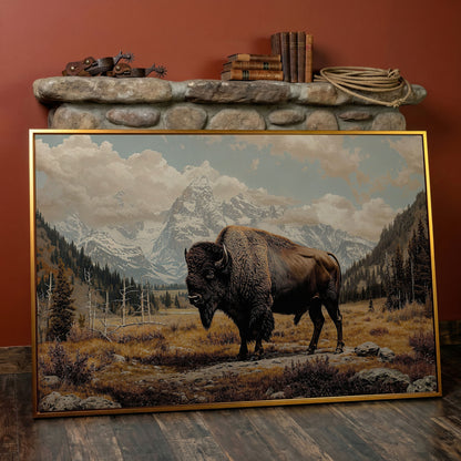 American Bison in Autumn Mountains Canvas Wall Art in antique gold floating frame