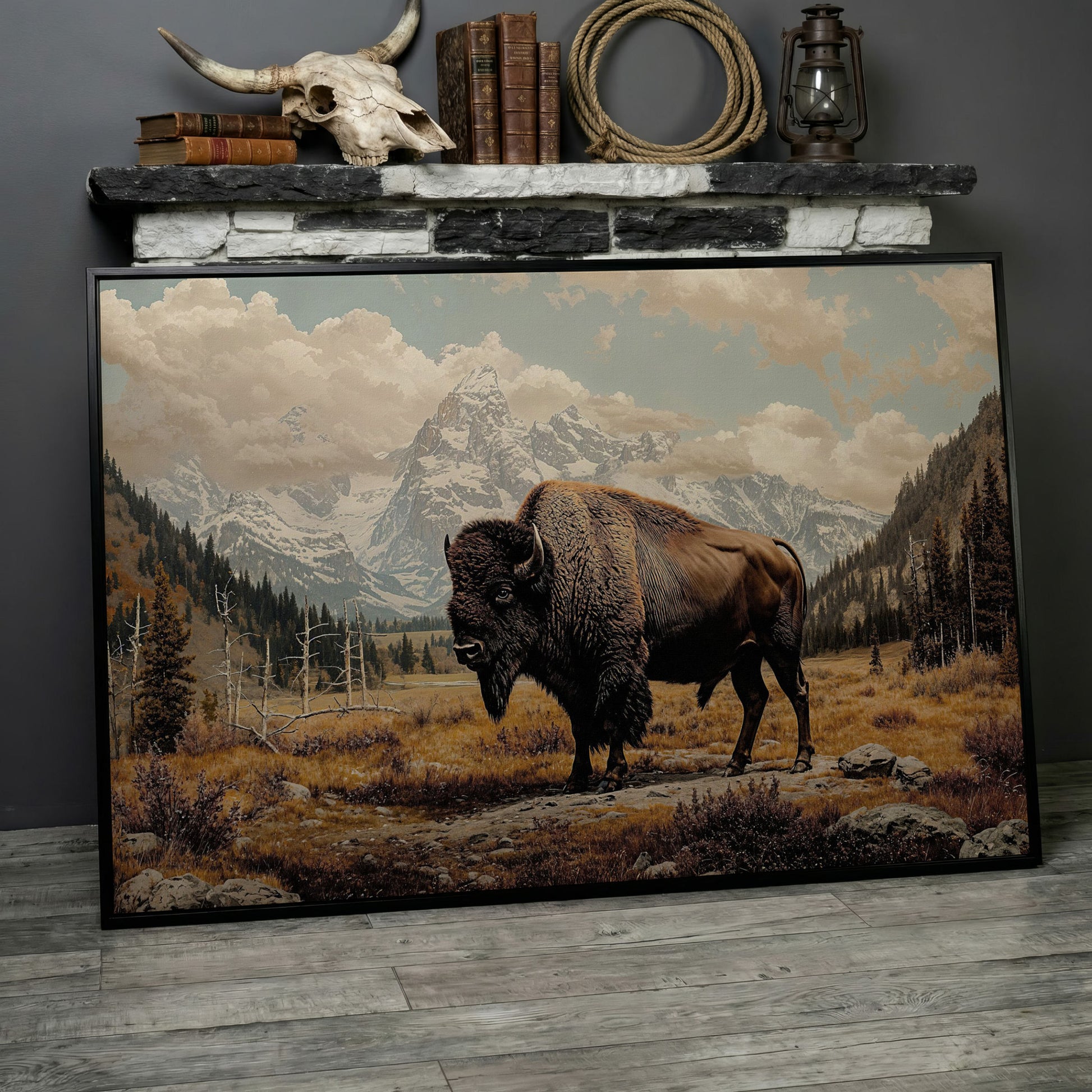 American Bison in Autumn Mountains Canvas Wall Art in black floating frame