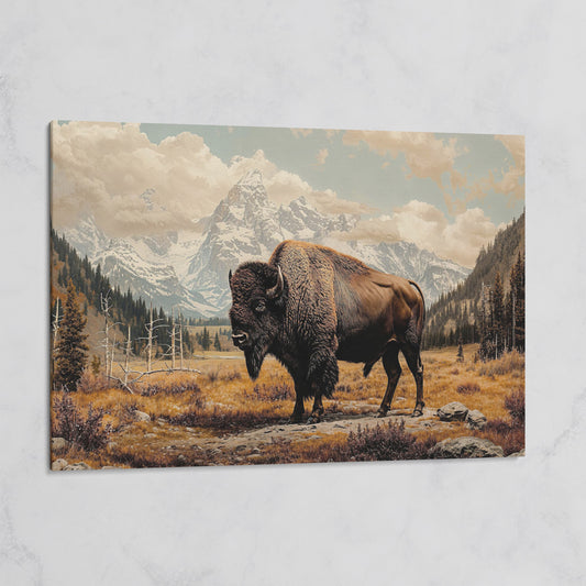 American Bison in Autumn Mountains Canvas Wall Art on gallery wrap