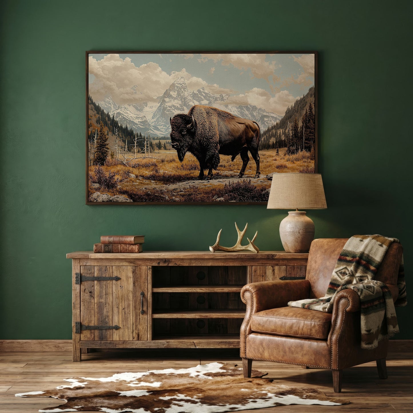 American Bison in Autumn Mountains Canvas Wall Art in dark walnut floating frame