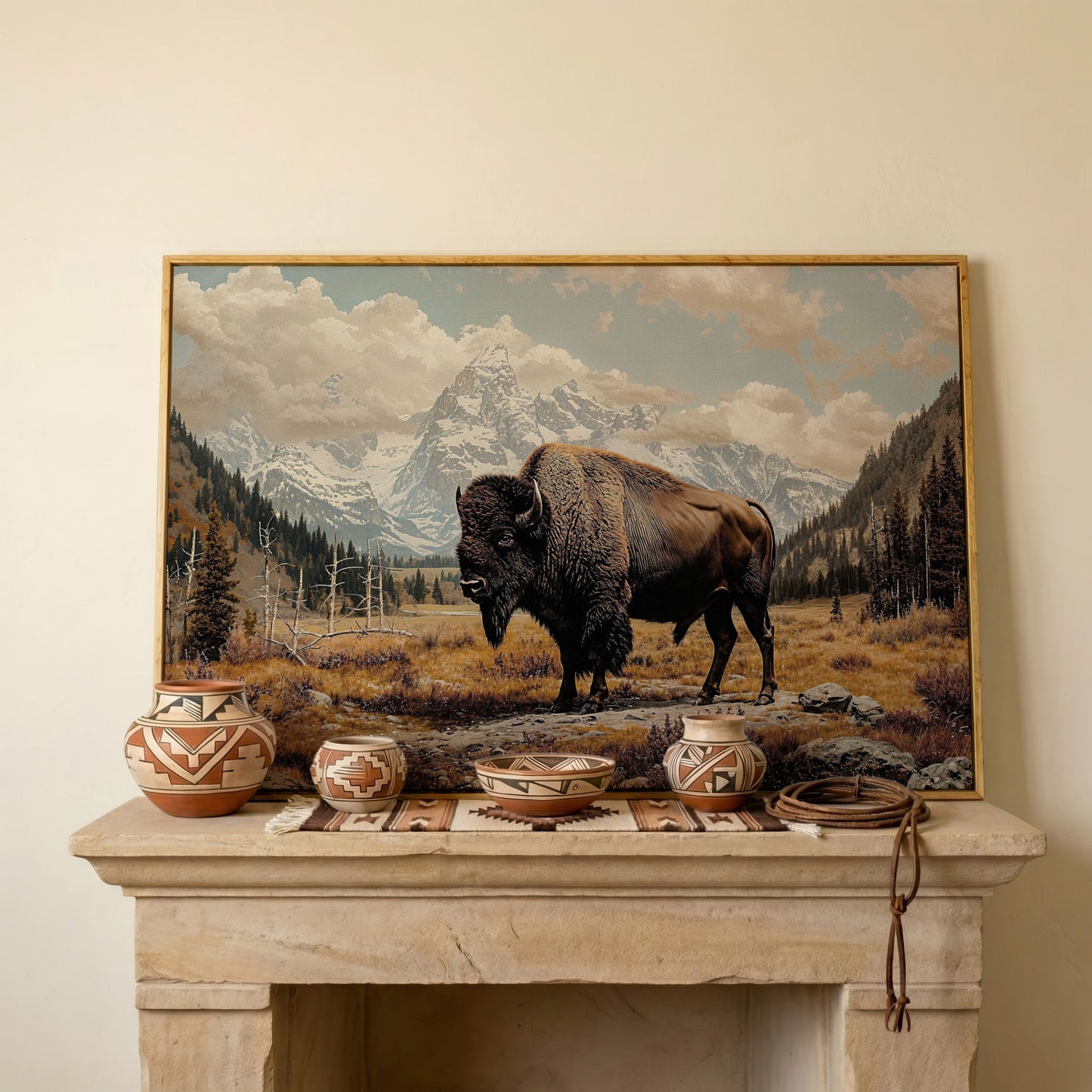 American Bison in Autumn Mountains Canvas Wall Art in white oak floating frame