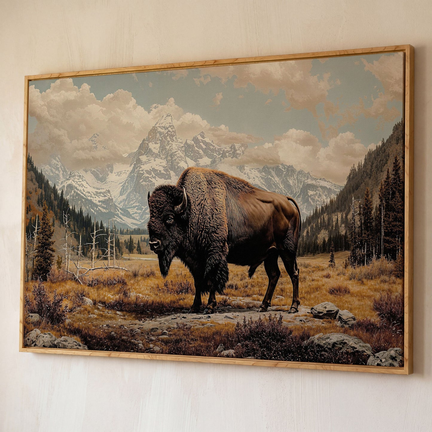 American Bison in Autumn Mountains Canvas Wall Art shown in white oak floating frame