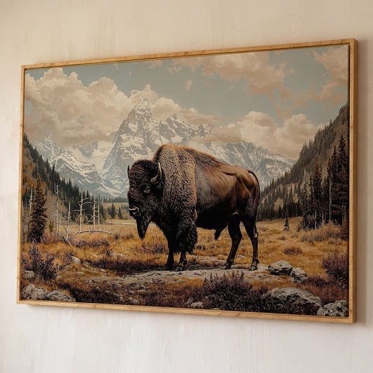 American Bison in Autumn Mountains Canvas Wall Art shown in white oak floating frame