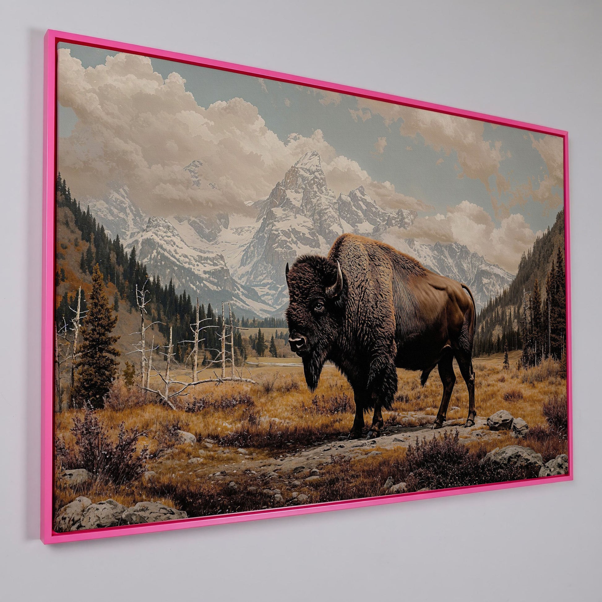 American Bison in Autumn Mountains Canvas Wall Art in pink floating frame