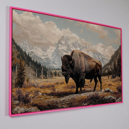American Bison in Autumn Mountains Canvas Wall Art in pink floating frame