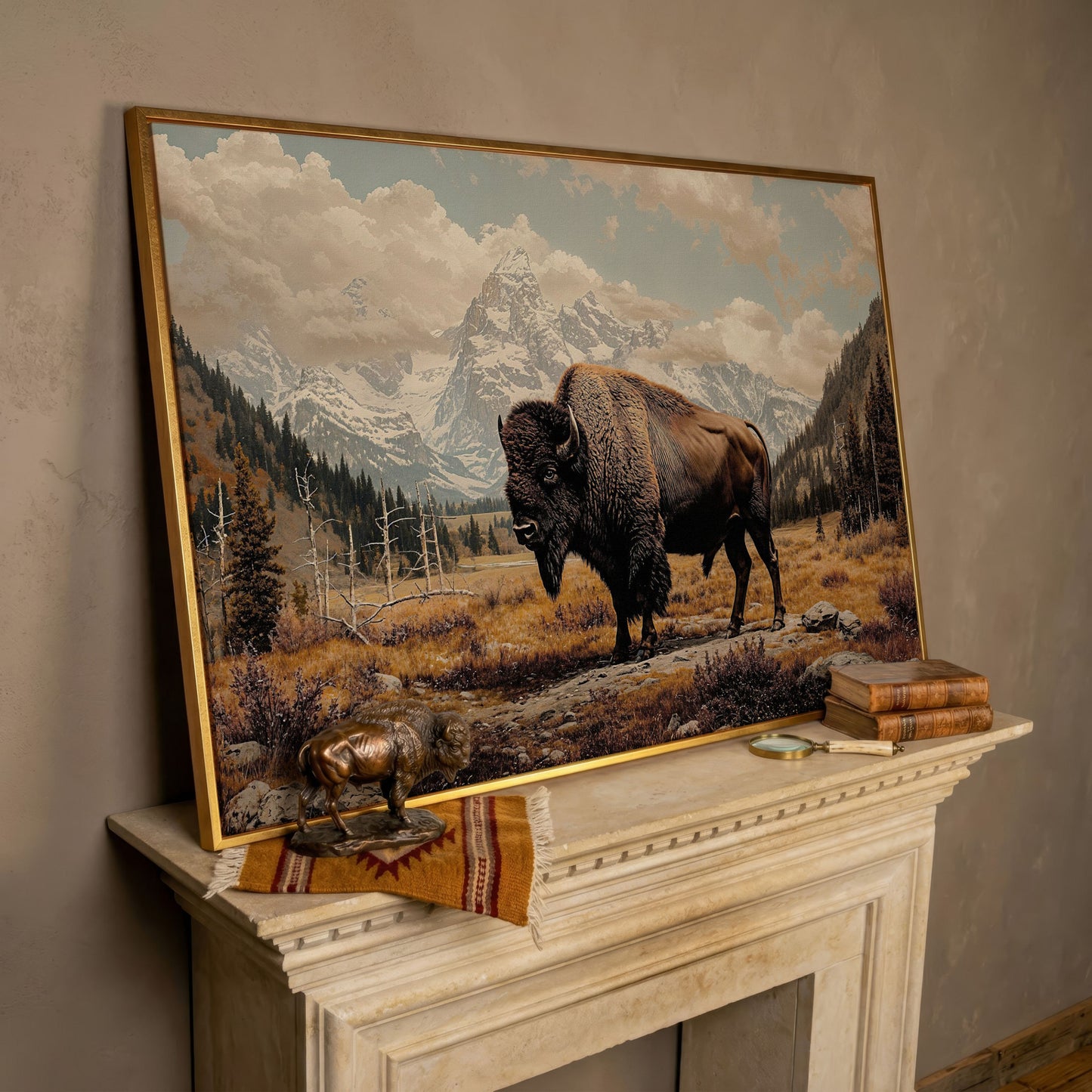 American Bison in Autumn Mountains Canvas Wall Art in rose gold floating frame