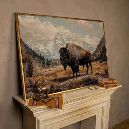 American Bison in Autumn Mountains Canvas Wall Art in rose gold floating frame