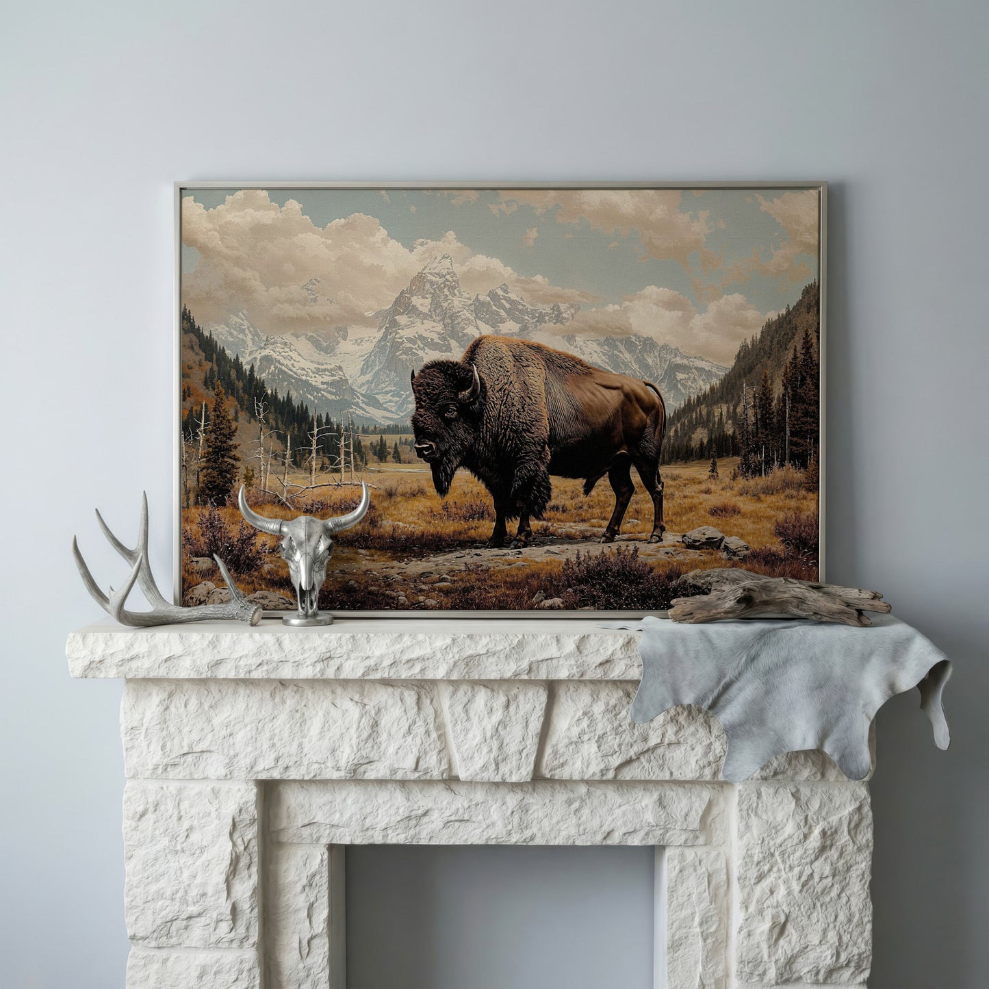 American Bison in Autumn Mountains Canvas Wall Art in silver floating frame