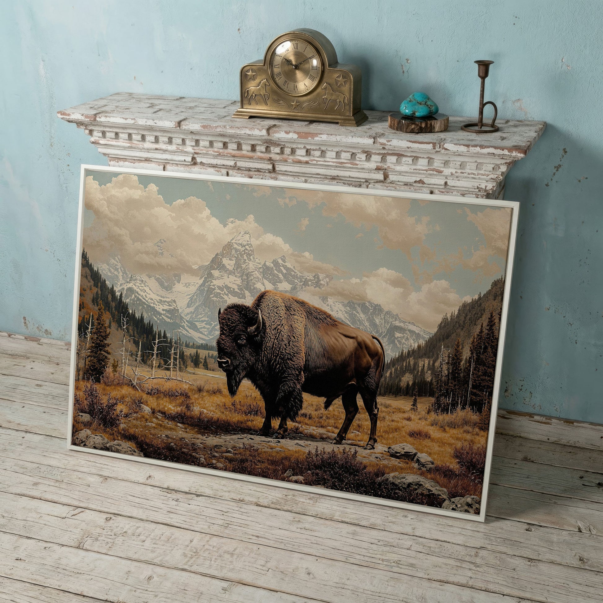 American Bison in Autumn Mountains Canvas Wall Art in white floating frame