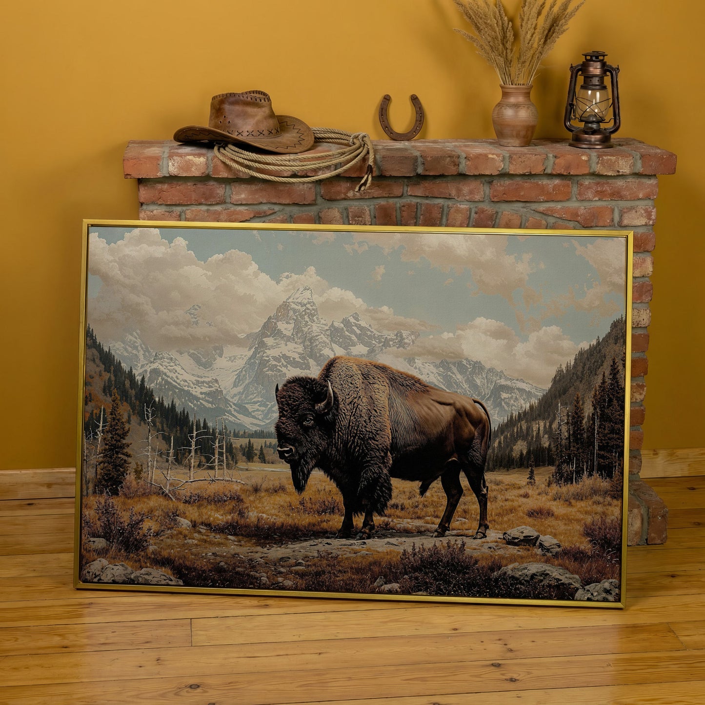 American Bison in Autumn Mountains Canvas Wall Art in yellow gold floating frame
