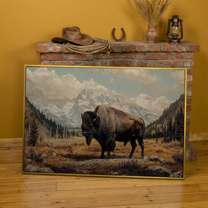 American Bison in Autumn Mountains Canvas Wall Art in yellow gold floating frame