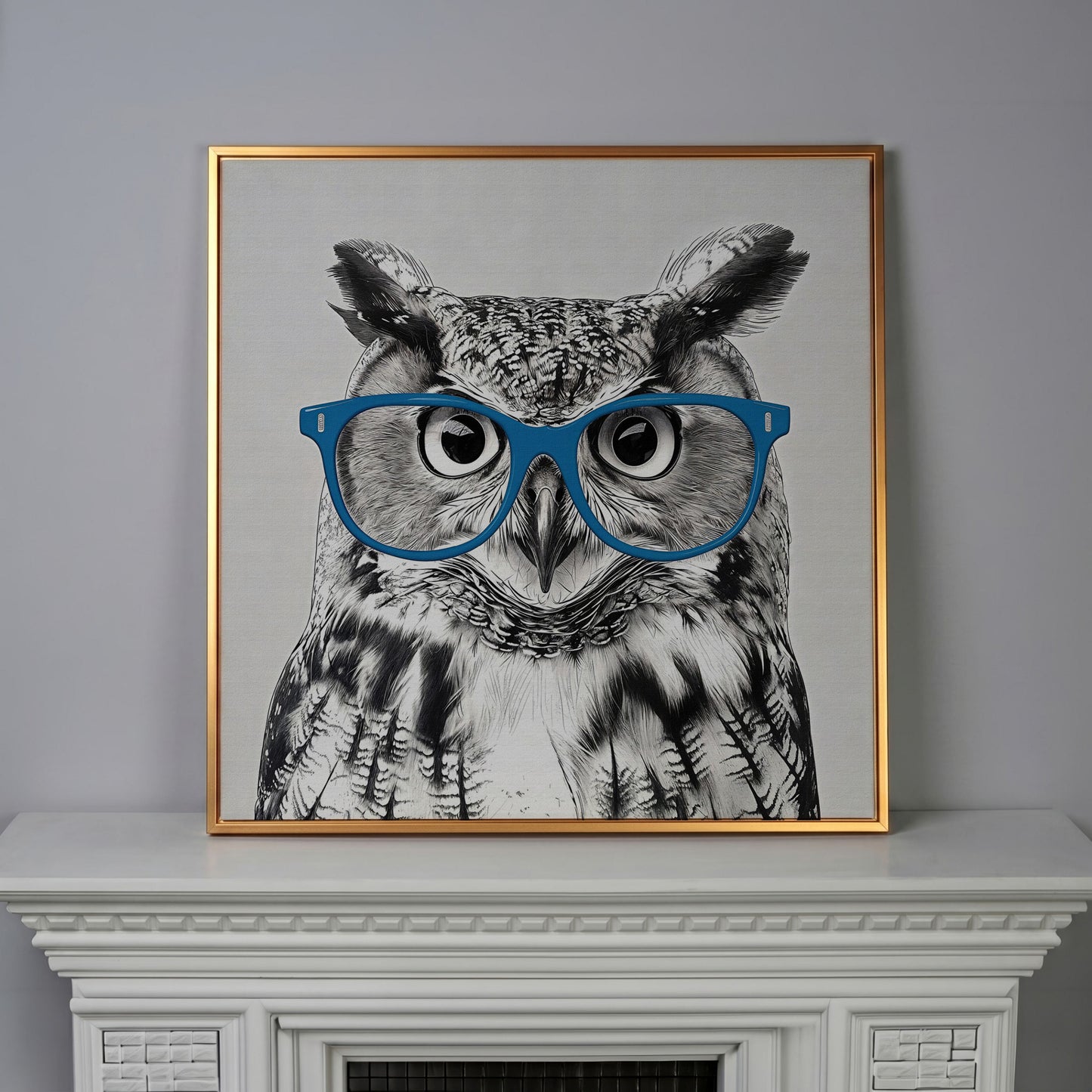Owl With Glasses Canvas Print in antique gold floating frame