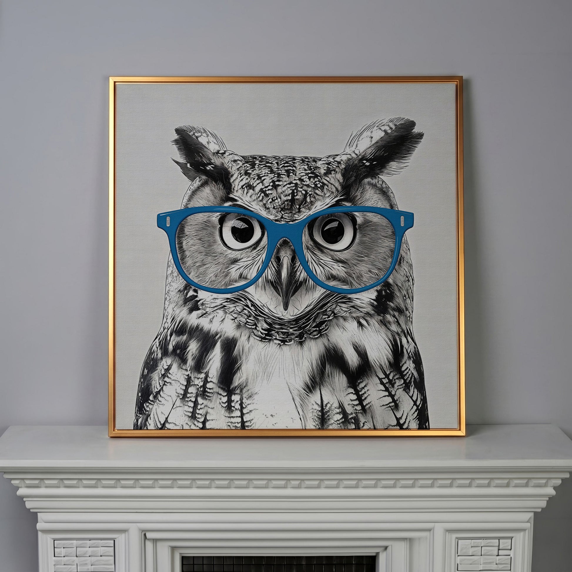Owl With Glasses Canvas Print in antique gold floating frame