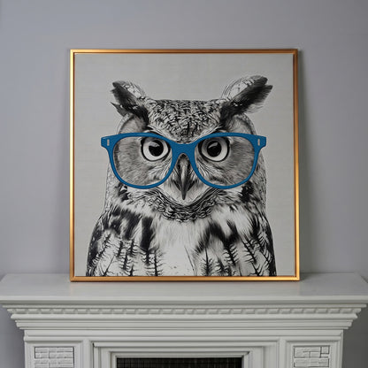 Owl With Glasses Canvas Print in antique gold floating frame
