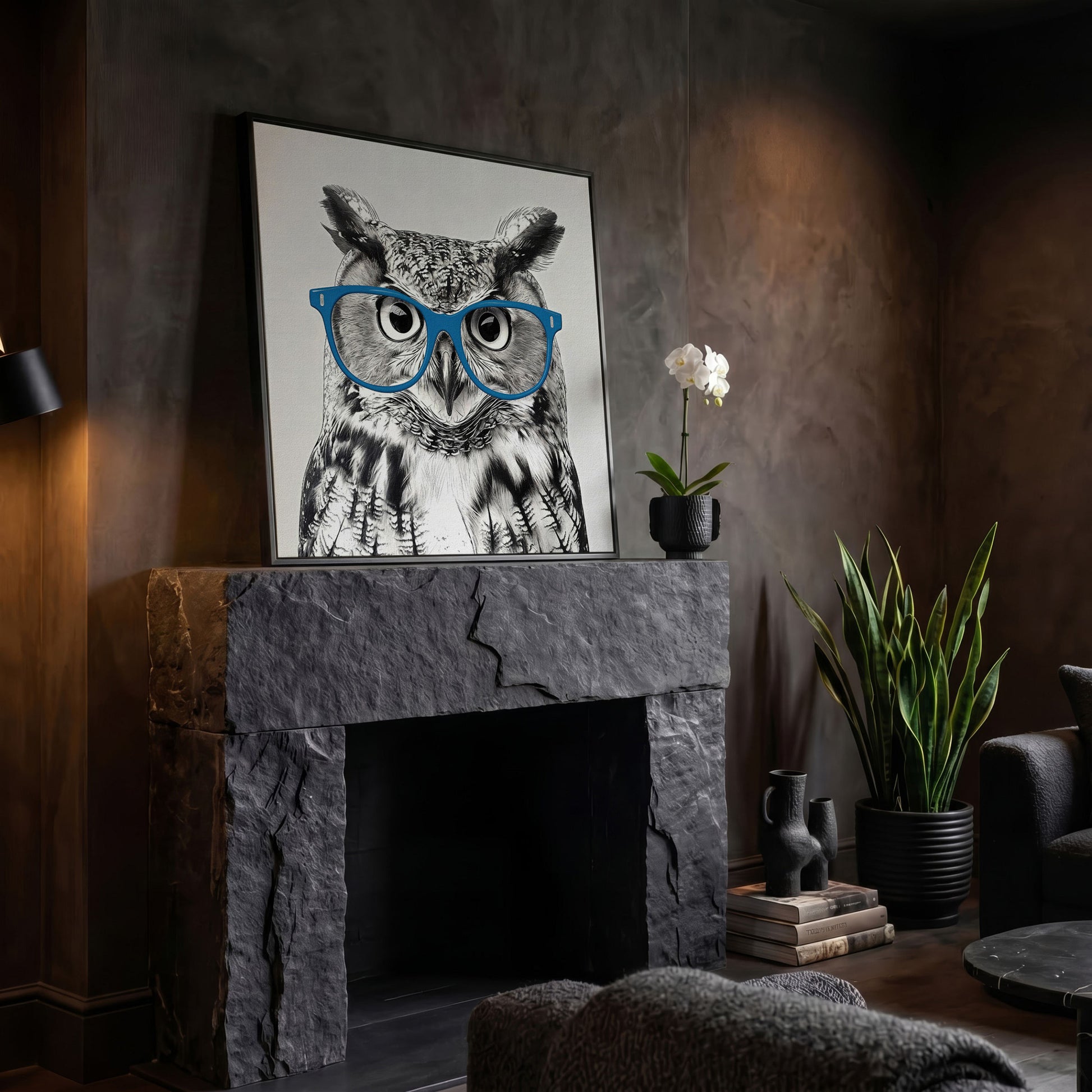 Owl With Glasses Canvas Print in black floating frame