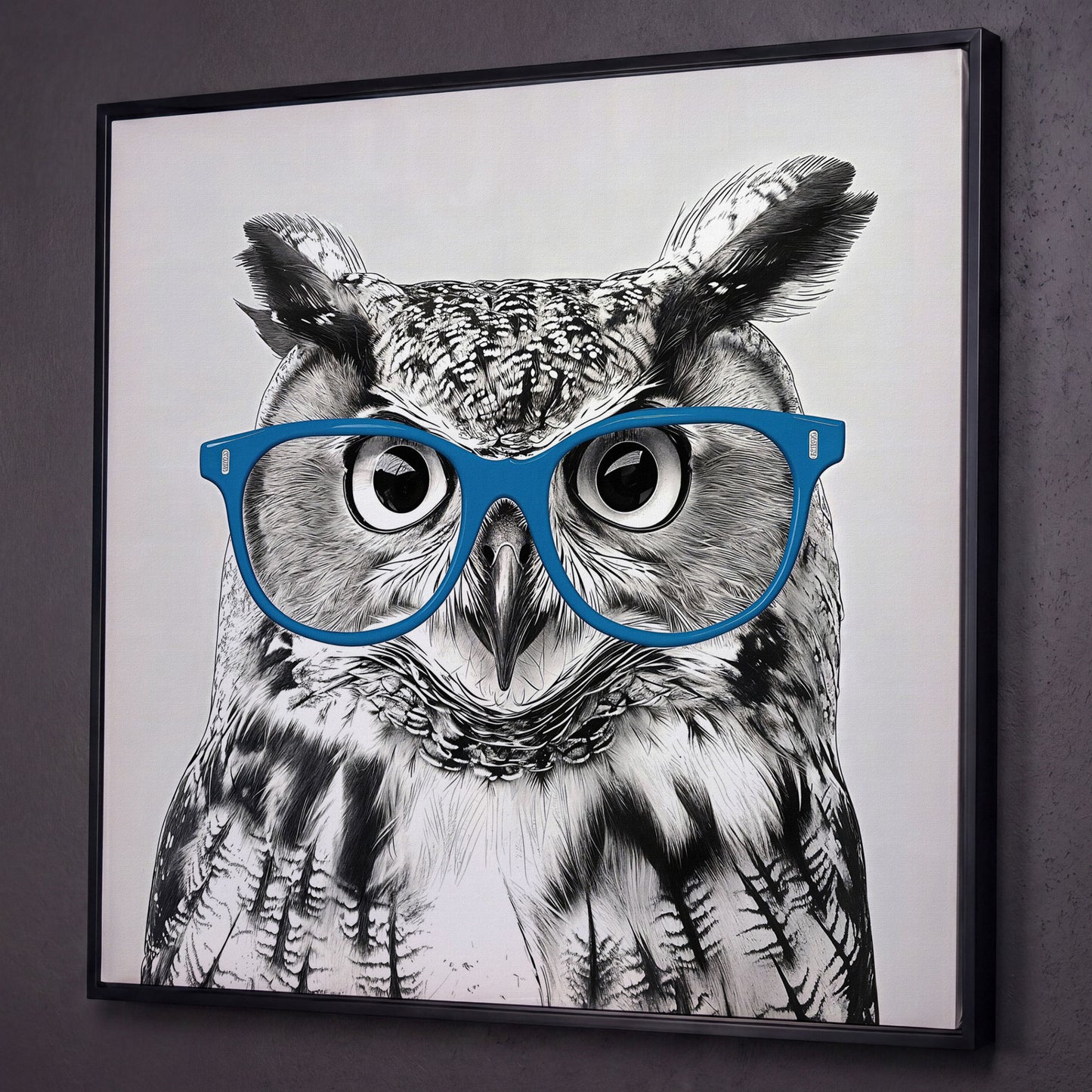 Owl With Glasses Canvas Print shown in black floating frame