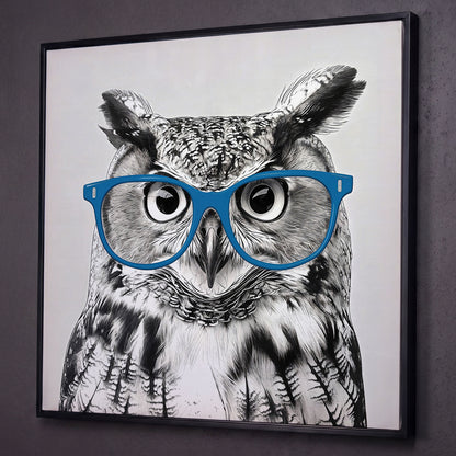 Owl With Glasses Canvas Print shown in black floating frame