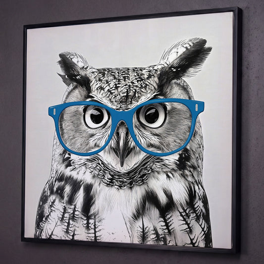 Owl With Glasses Canvas Print shown in black floating frame