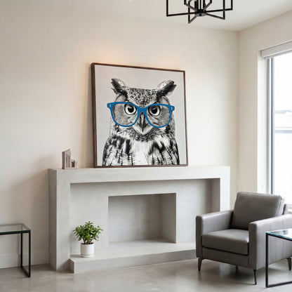 Owl With Glasses Canvas Print in dark walnut floating frame