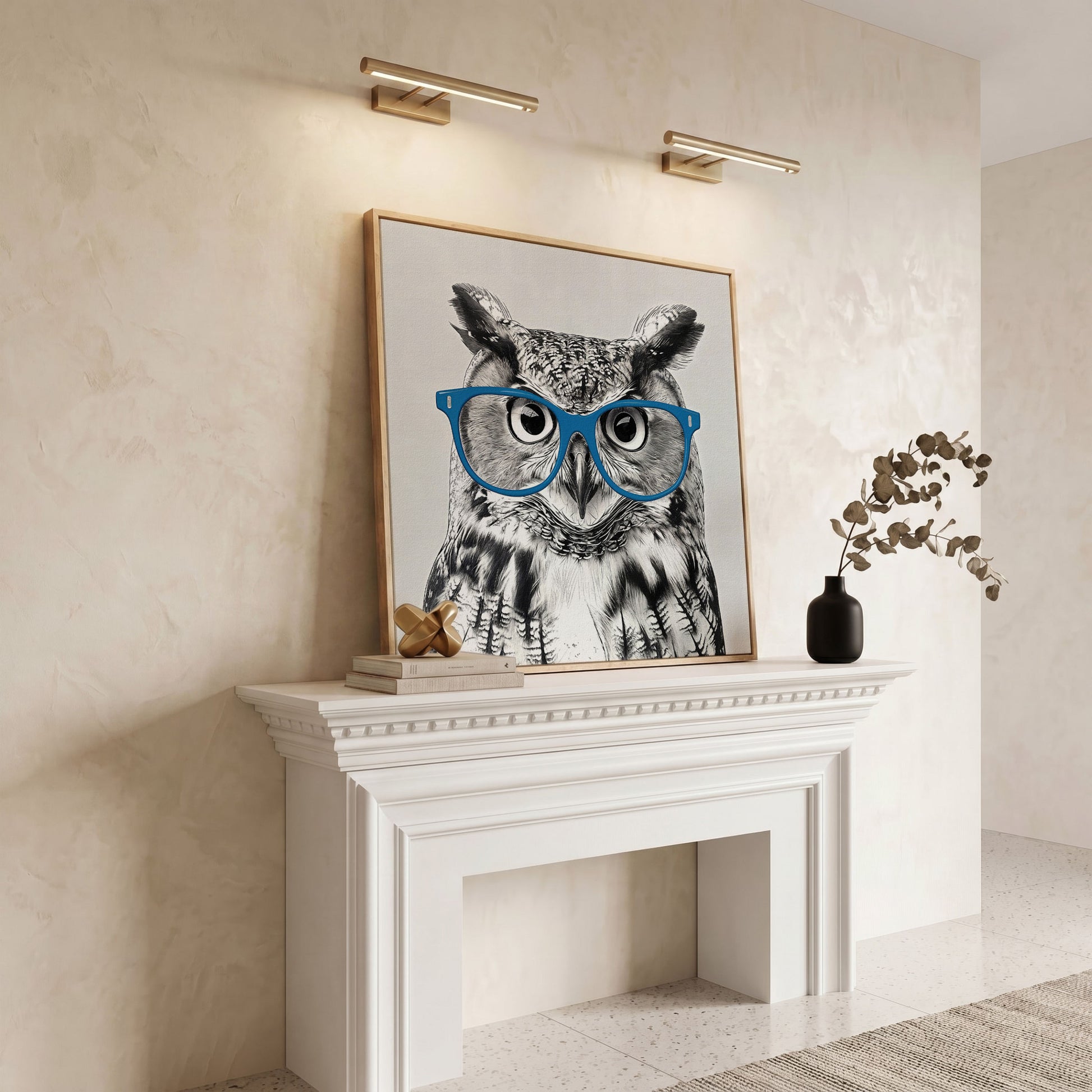 Owl With Glasses Canvas Print in white oak floating frame