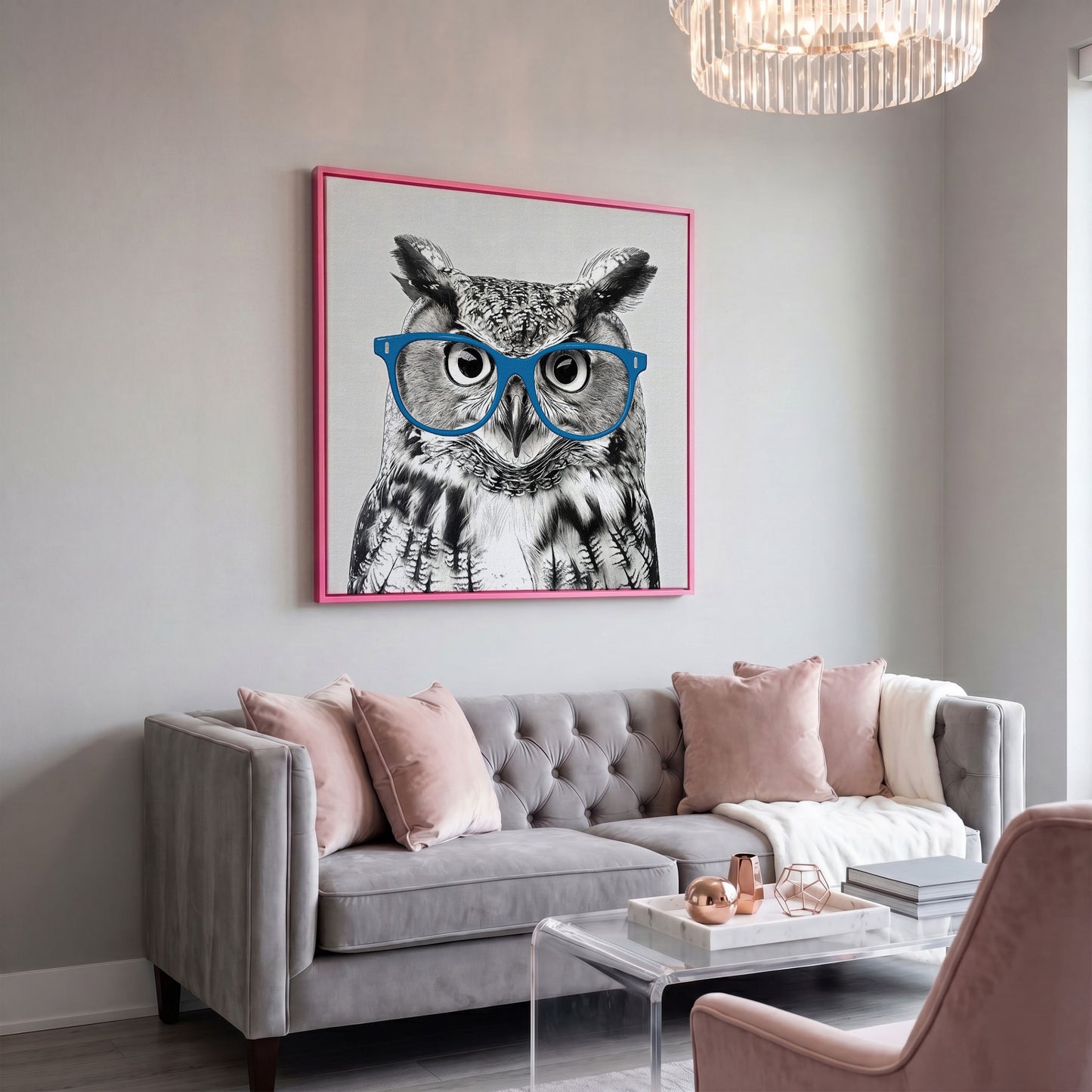 Owl With Glasses Canvas Print in pink floating frame