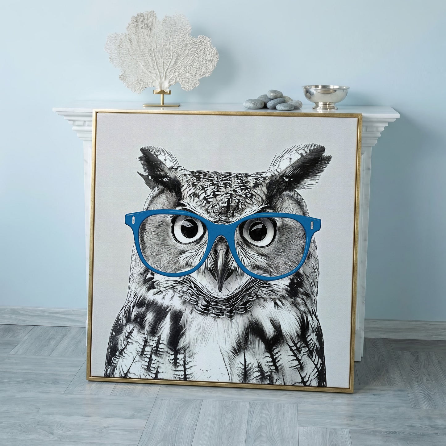 Owl With Glasses Canvas Print in rose gold floating frame