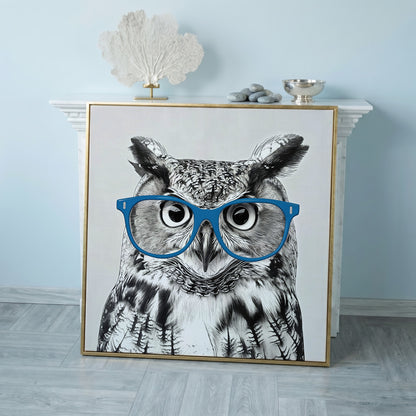 Owl With Glasses Canvas Print in rose gold floating frame