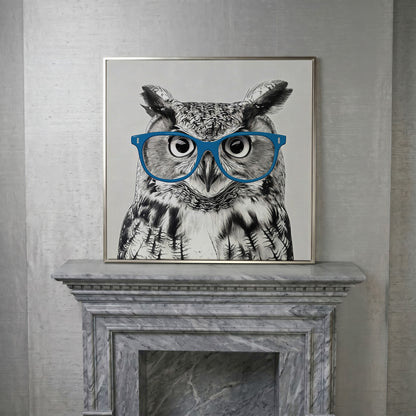 Owl With Glasses Canvas Print in silver floating frame