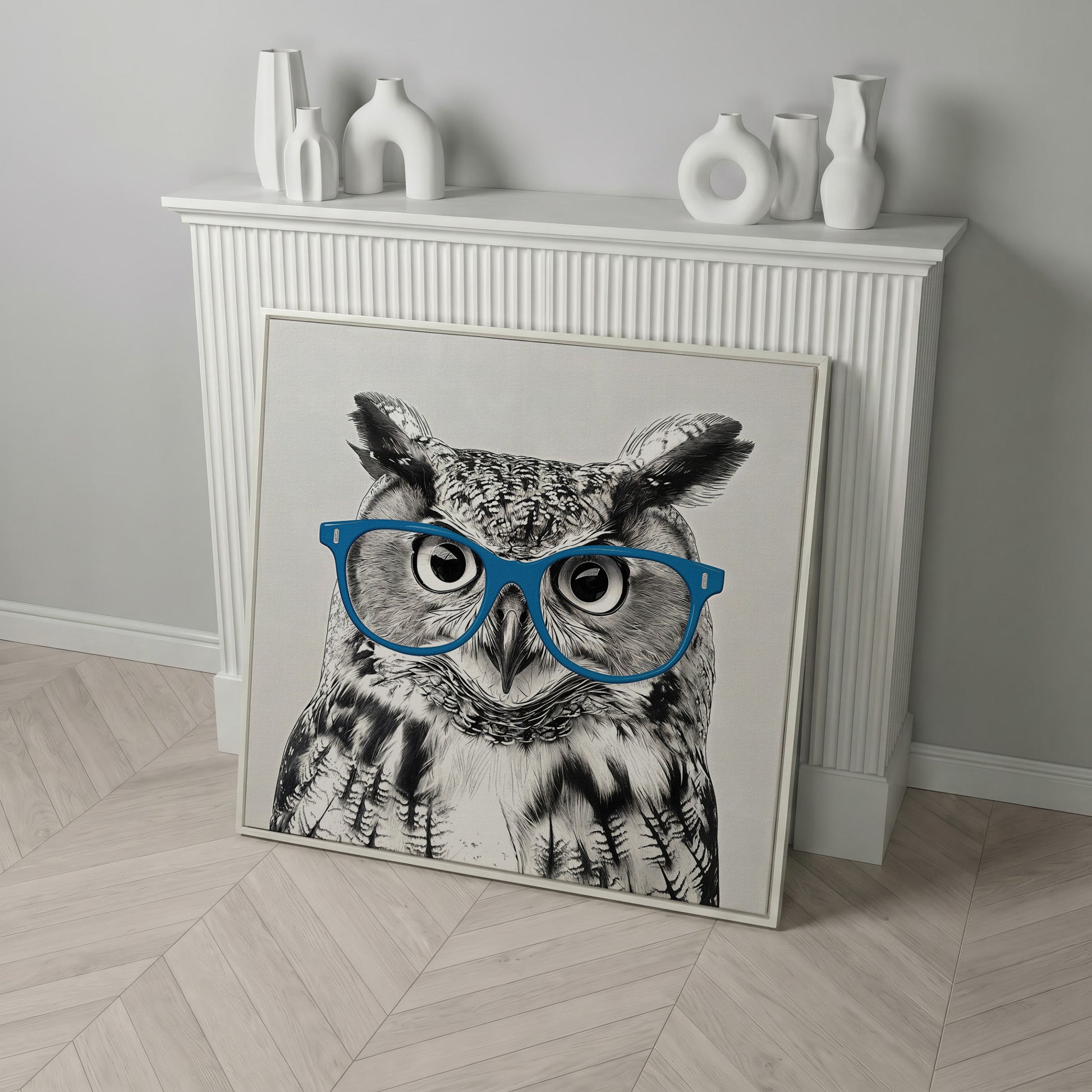 Owl With Glasses Canvas Print in white floating frame