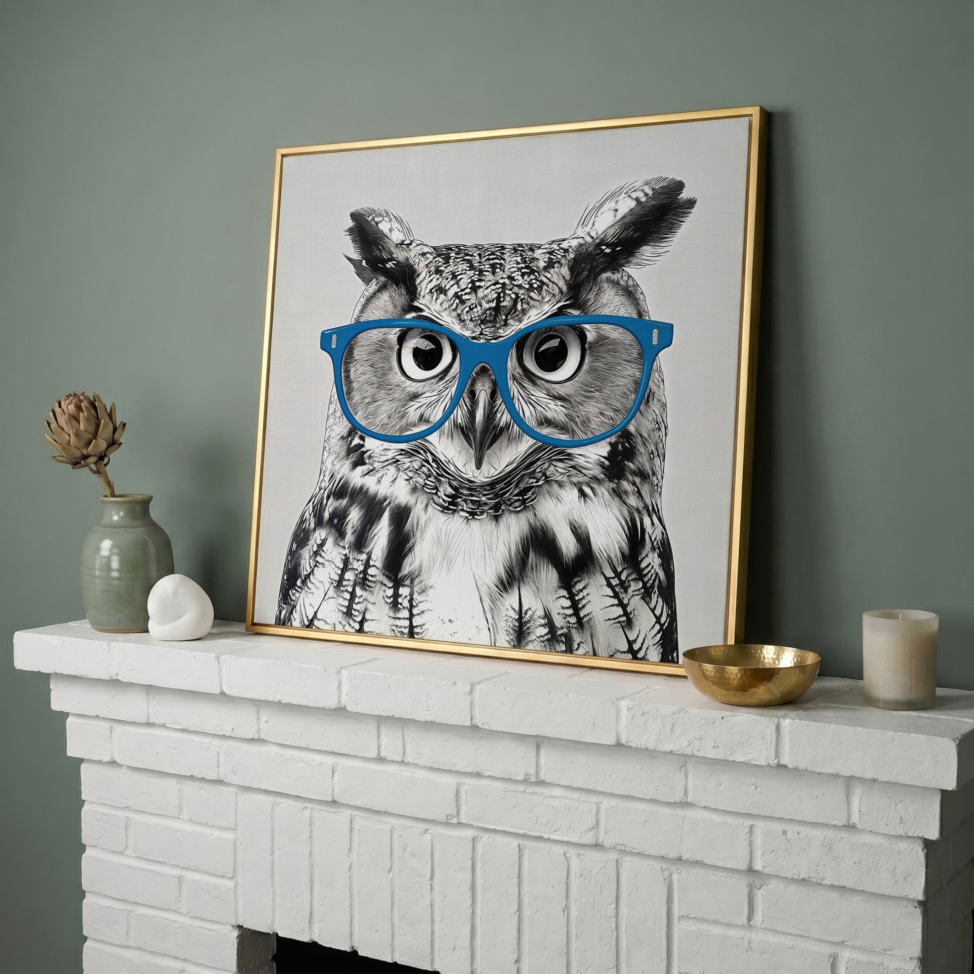 Owl With Glasses Canvas Print in yellow gold floating frame
