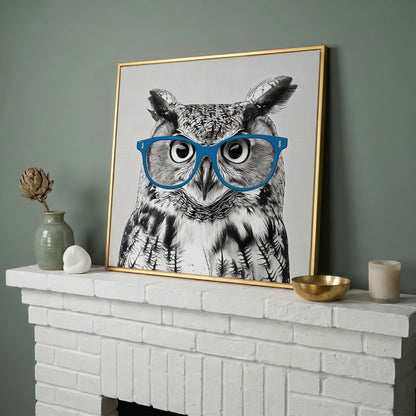 Owl With Glasses Canvas Print in yellow gold floating frame