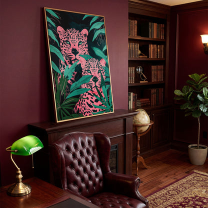 Jungle Leopards with Pink Tropical Leaves Canvas in antique gold floating frame