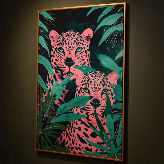 Jungle Leopards with Pink Tropical Leaves Canvas shown in antique gold floating frame