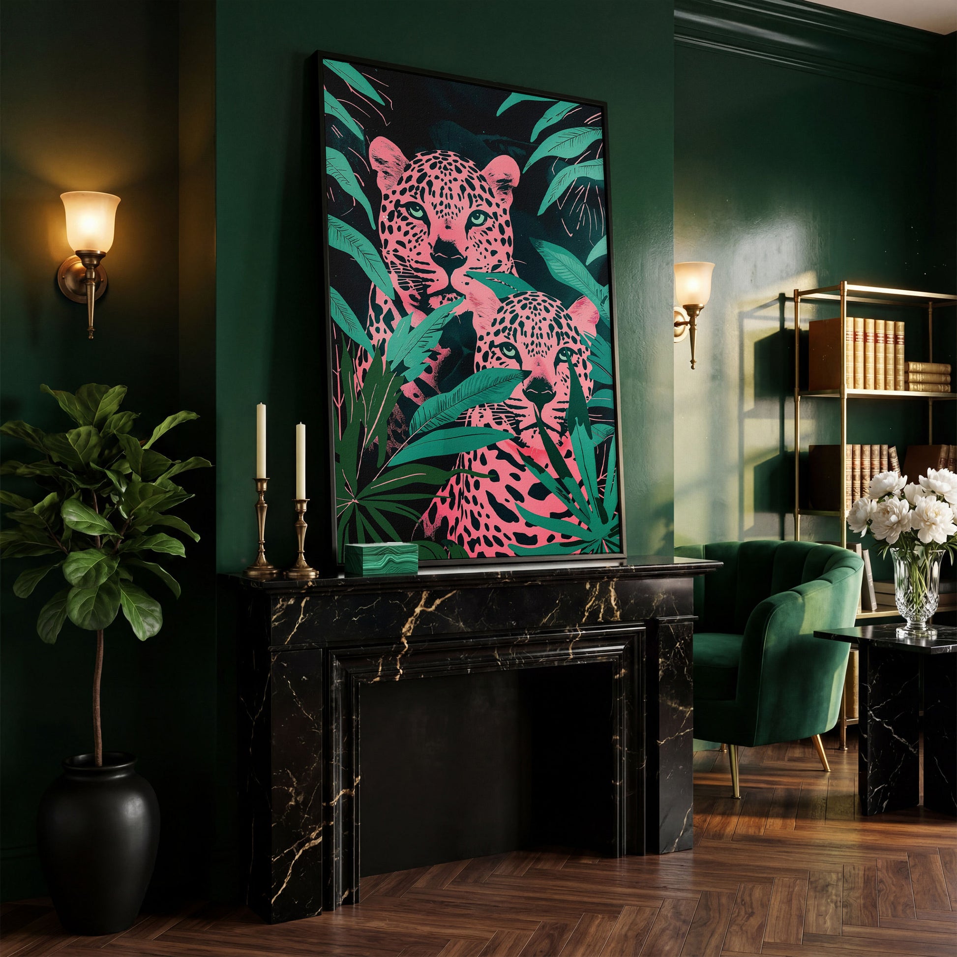 Jungle Leopards with Pink Tropical Leaves Canvas in black floating frame