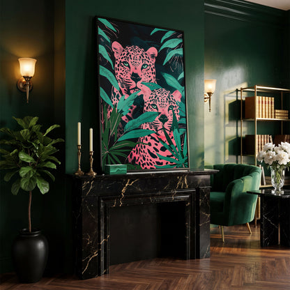 Jungle Leopards with Pink Tropical Leaves Canvas in black floating frame