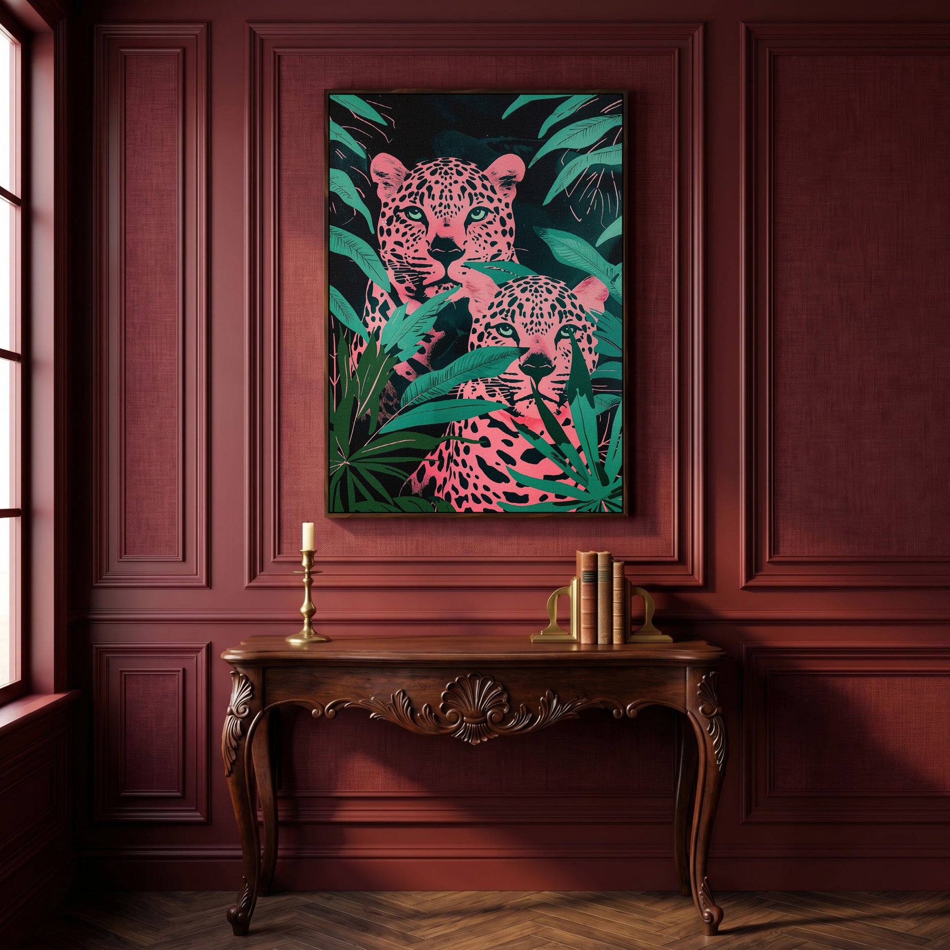 Jungle Leopards with Pink Tropical Leaves Canvas in dark walnut floating frame