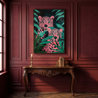 Jungle Leopards with Pink Tropical Leaves Canvas in dark walnut floating frame
