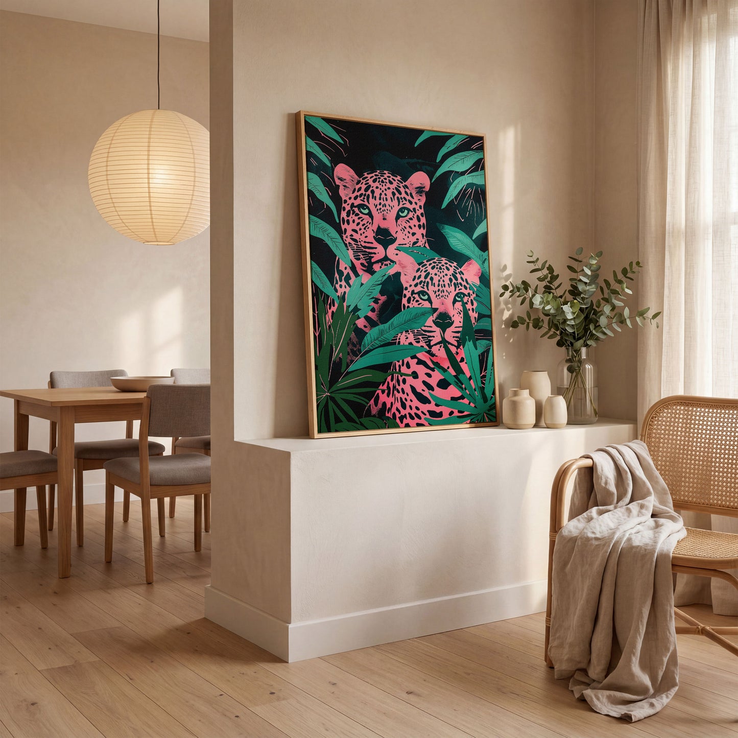Jungle Leopards with Pink Tropical Leaves Canvas in white oak floating frame