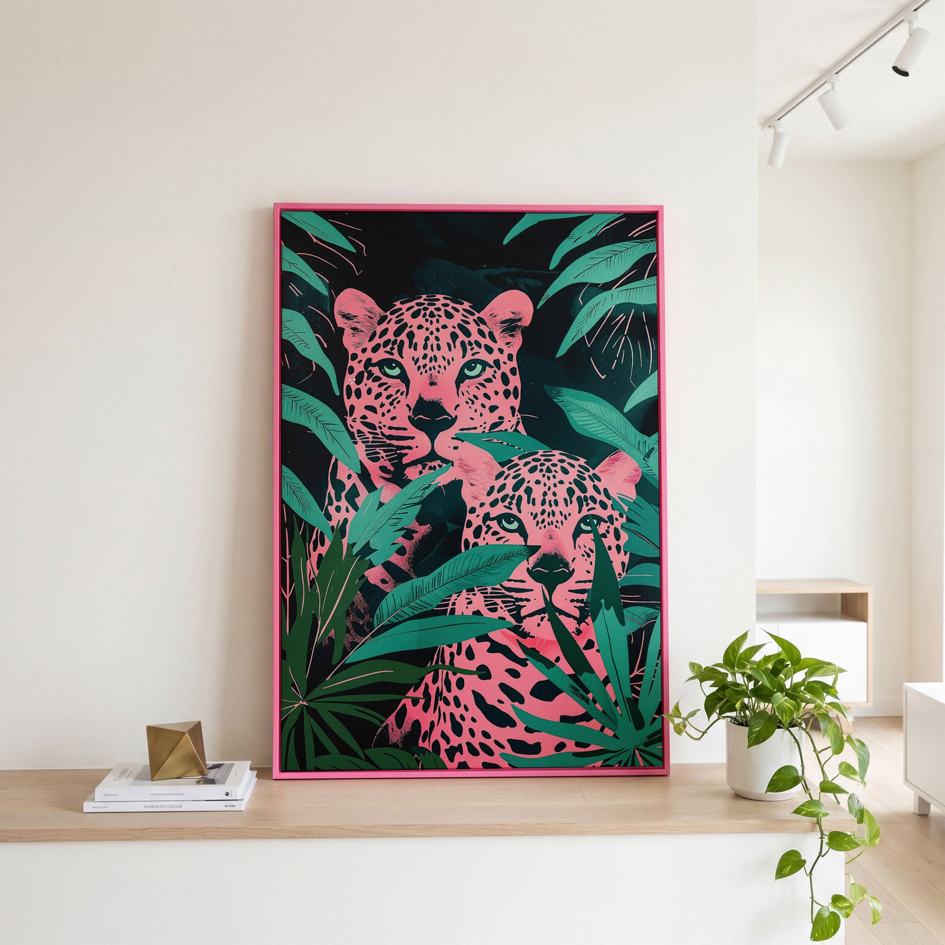 Jungle Leopards with Pink Tropical Leaves Canvas in pink floating frame