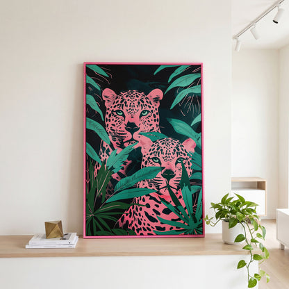 Jungle Leopards with Pink Tropical Leaves Canvas in pink floating frame