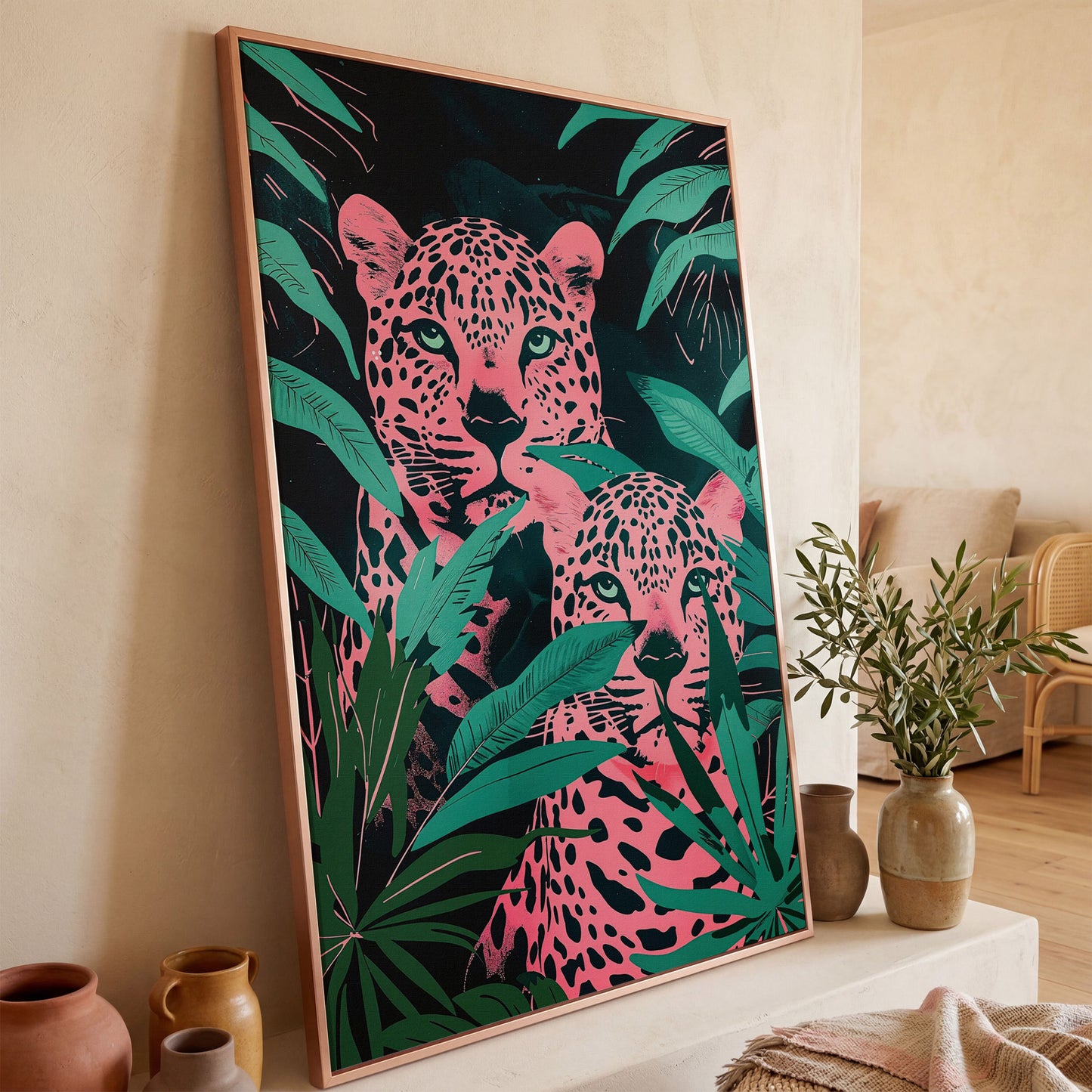 Jungle Leopards with Pink Tropical Leaves Canvas in rose gold floating frame