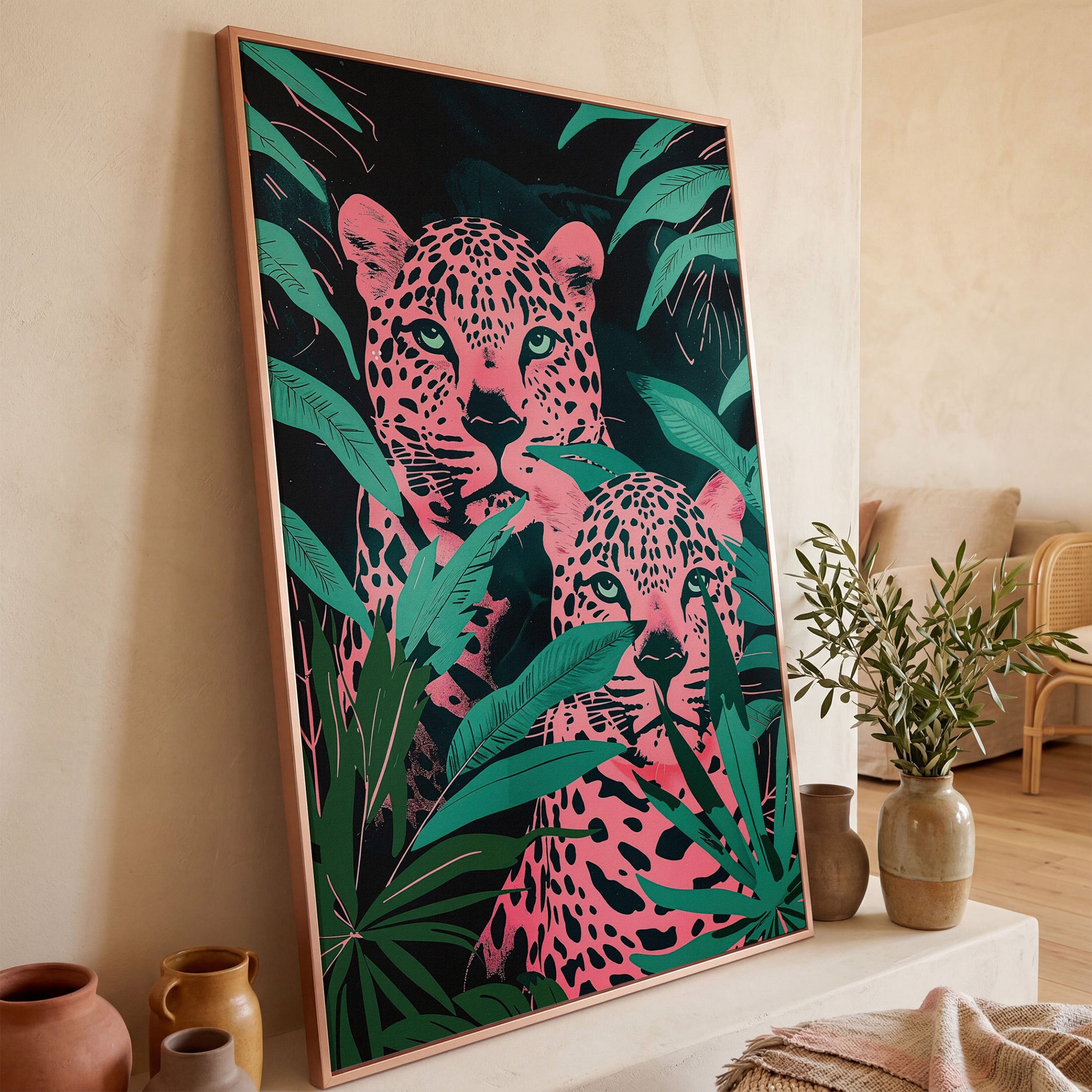 Jungle Leopards with Pink Tropical Leaves Canvas in rose gold floating frame
